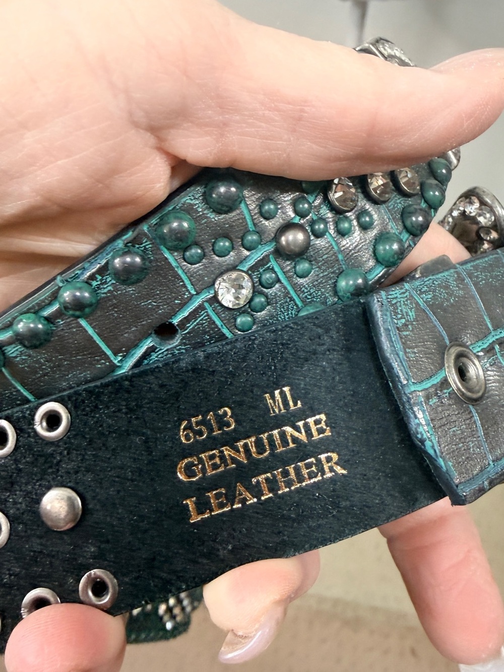 Teal Leather Croc-Embossed Rhinestone Western Belt M / L EUC - Picture 6 of 8